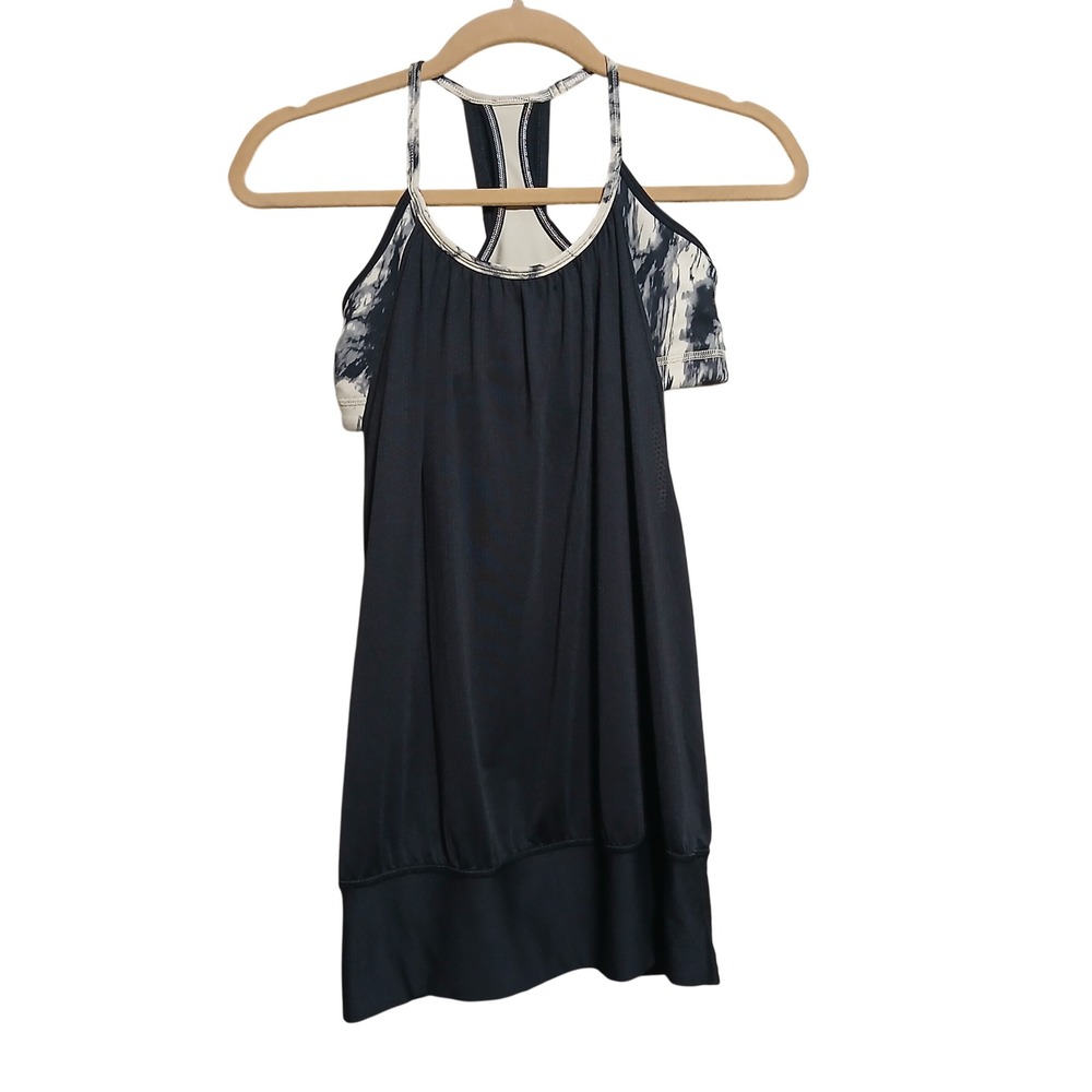 Lululemon Black Workout Tank‎ Top with Built-In Bra, Marble Print Details